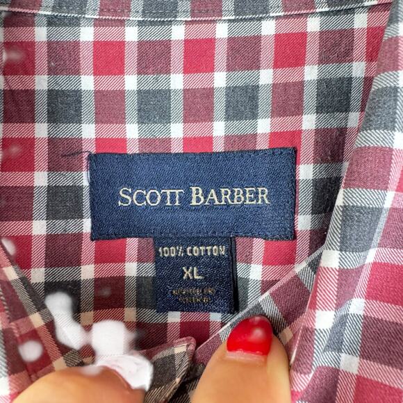 Scott Barber Men's 100% Cotton Red Gray Checkered Short Sleeve Button Up Shirt - Picture 7 of 7